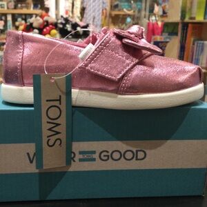 Kids TOMS Alpargata Classic Color Rose Pink Metallic Twill/Bow Multiple Sizes